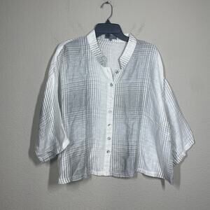 Sahara M/L Plaid Striped Button Up Shirt Blouse White Gray Linen Nylon Blend